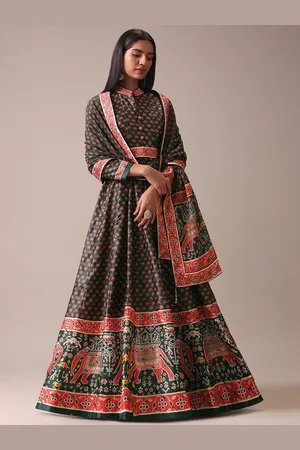 KALKI Fashion Floral Printed Mandarin Collar Fit & Flare Maxi Ethnic Dress With Dupatta
