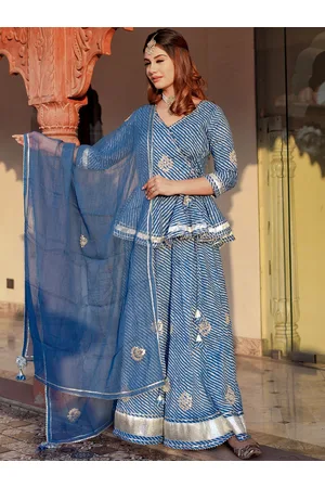 Divena World Women Blue Printed Gotta Patti Lehriya Ready to Wear Lehenga & Blouse With Dupatta