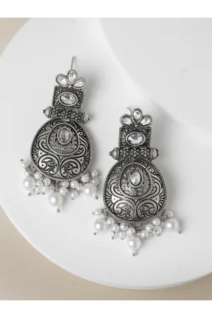 ADIVA Silver-Plated Kundan Stone Contemporary Drop Earrings