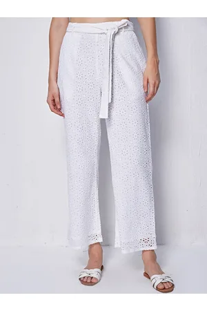 COVER STORY Women White Floral Self Design Mid-Rise Schiffli Cotton Parallel Trouser