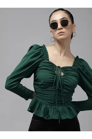 Roadster The Life Co. Keyhole Neck Smoked Detail Ruched Peplum Top