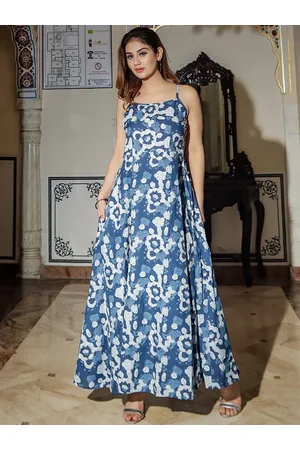 Divena World Women Blue & White Pure Cotton Floral Print Maxi Dress