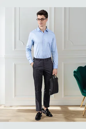 Invictus Men Navy Blue Checked Slim Fit Formal Trousers