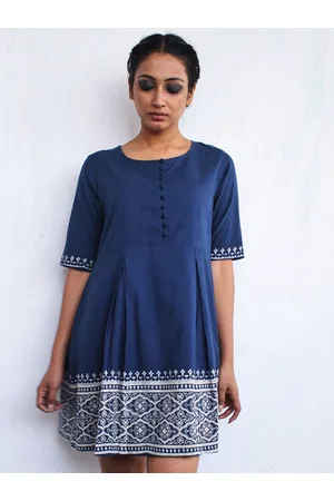 Chidiyaa Women Blue & White Tribal Printed A-Line Dress