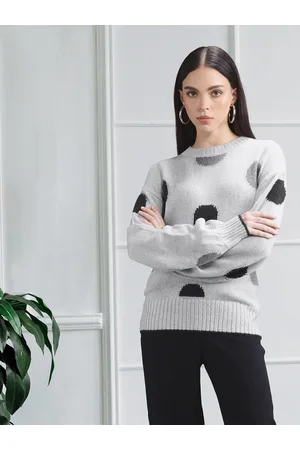 Invictus Women Grey & Black Self Design Pullover Sweater