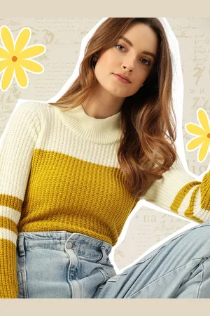 DressBerry Women Mustard Yellow & Off-White Colourblocked Ribbed Pullover