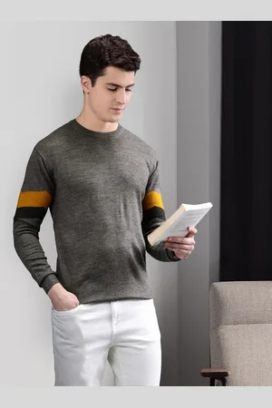 Invictus Men Grey Melange Solid Acrylic Pullover With Stripes Detail