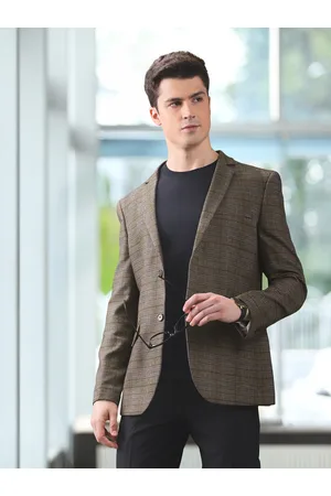 Invictus Men Grey & Brown Checked Slim Fit Single Breasted Blazer