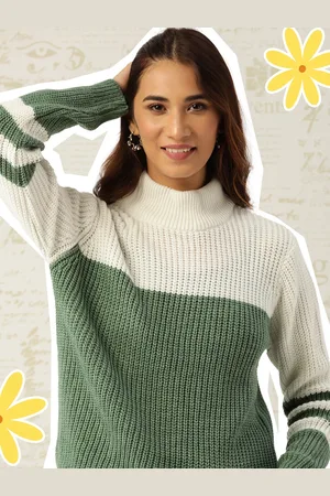DressBerry Women Olive Green & Off-White Ribbed Colourblocked Pullover Sweater