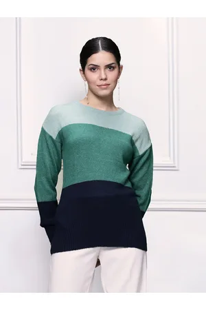 Invictus Women Green & Navy Blue Colourblocked Pullover