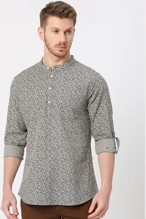 VALEN CLUB Floral Printed Band Collar Roll Up Sleeves Cotton A-Line Kurta
