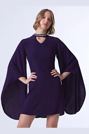 COVER STORY Purple Embellished Detail Choker Neck Cape Sleeves A-Line Mini Dress