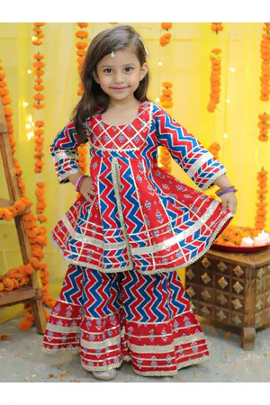 BownBee Girls Ethnic Motifs Printed Gotta Patti Pure Cotton Kurta with Sharara