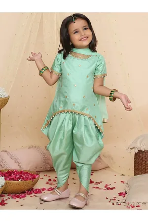 KID1 Girls Floral Embroidered Regular High-Low A-Line Kurti & Dhoti Pants With Dupatta