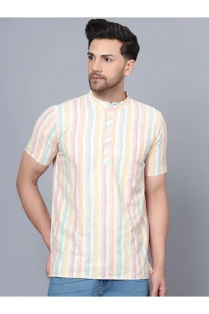 Latest Chikan Garments Striped Band Collar Pure Cotton Short Kurta
