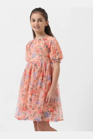 VERO MODA Girls Floral Printed Puff Sleeves Gathered Fit & Flare Dress
