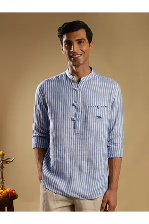 Andamen Striped Mandarin Collar Cuffed Sleeves Linen Straight Kurta