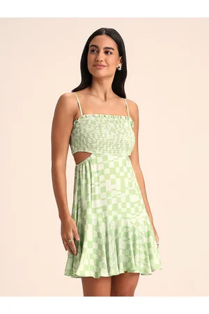 20Dresses Green & Off-White Checked Shoulder Strap Cut-Outs A-Line Dress
