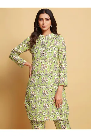 Sangria Green Floral Printed Mandarin Collar Pure Cotton Straight Kurta With Trouser