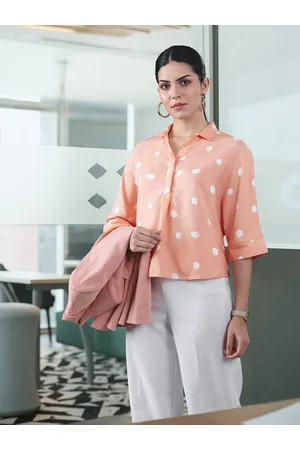 Invictus Women Peach-Coloured & Off-White Printed Shirt Style Top