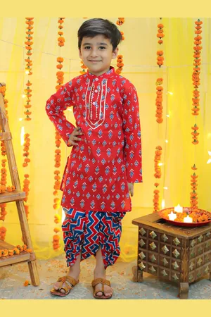 BownBee Boys Ethnic Motifs Printed Band Collar Gotta Patti Pure Cotton Kurta Set