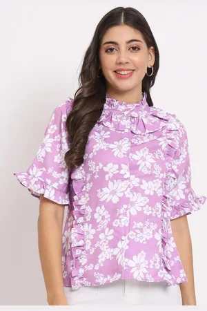 CHARMGAL Floral Printed High Neck Ruffles Detailed Top