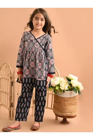 LilPicks Girls Ethnic Motifs Printed Angrakha Pure Cotton Kurta with Palazzos