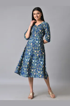 AURELIA Floral Printed V-Neck Puff Sleeves A-Line Midi Dress