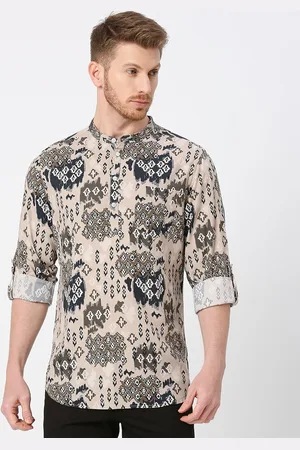 VALEN CLUB Abstract Printed Band Collar Roll Up Sleeves Cotton A-Line Kurta