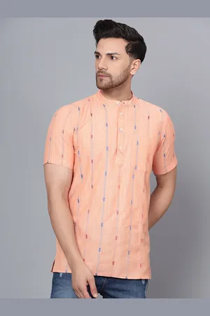 Latest Chikan Garments Striped Band Collar Pure Cotton Short Kurta