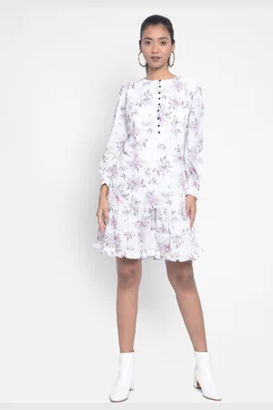 Crimsoune Club Floral Printed Cuffed Sleeves Drop-Waist Dress