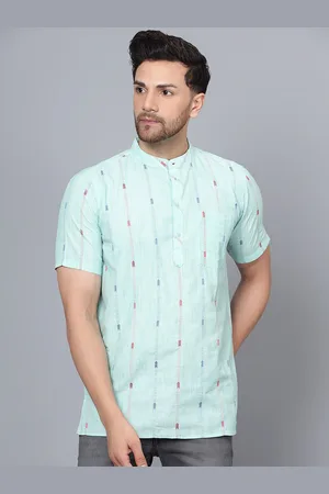 Latest Chikan Garments Striped Band Collar Pure Cotton Short Kurta