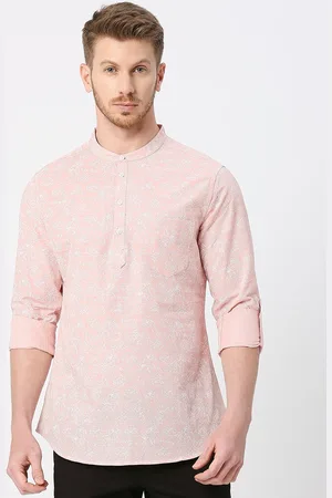 VALEN CLUB Floral Printed Band Collar Roll Up Sleeves Cotton A-Line Kurta