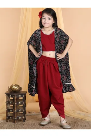 Cutiekins Girls Round Neck Gotta Patti Detailed Top & Dhoti Pant With Jacket
