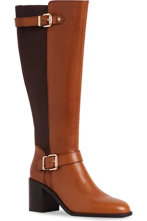 Peach Flores Women High Top Block-Heeled Leather Regular Boots With Buckle Detail