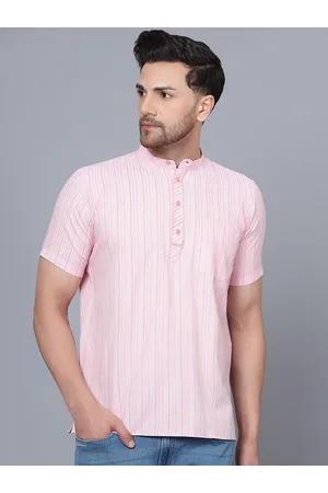 Latest Chikan Garments Striped Band Collar Pure Cotton Short Kurta
