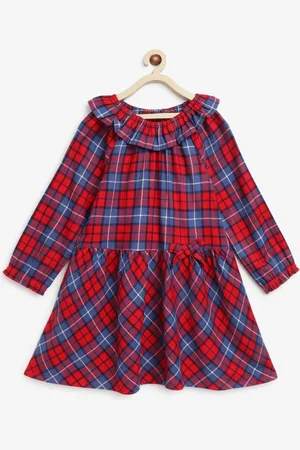 Campana Checked Round Neck Long Sleeves Cotton Ruffled A-Line Dress
