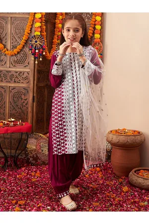 Cherry & Jerry Girls Ethnic Motifs Embroidered Chikankari Kurta With Salwar & Dupatta