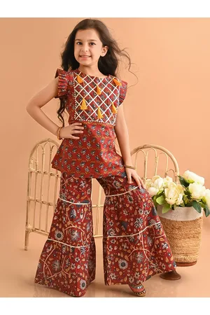 LilPicks Girls Ethnic Motifs Printed Regular Gotta Patti Pure Cotton Kurti with Sharara