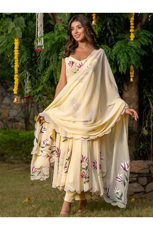 HOUSE OF JAMOTI Yellow Floral Printed Anarkali Kurta With Trousers & Dupatta