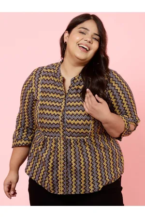 Jaipur Plus Size Geometric Print Mandarin Collar Cotton Top