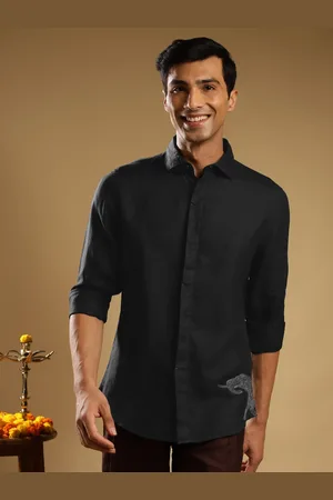Andamen Premium Spread Collar Long Sleeves Embroidered Linen Casual Shirt