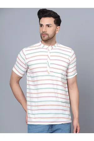 Latest Chikan Garments Striped Band Collar Pure Cotton Short Kurta