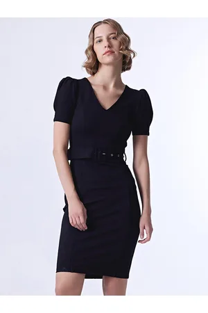 black puff sleeves v neck belted bodycon dress