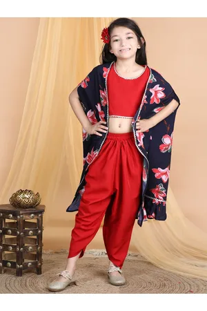 Cutiekins Girls Round Neck Gotta Patti Detailed Top & Dhoti Pant With Jacket