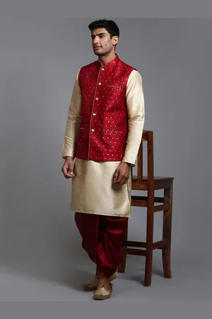 Vastramay Mandarin Collar Jacquard Kurta with Dhoti Pants And Woven Design Nehru Jacket