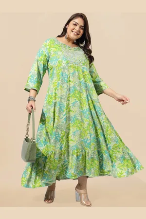 Mirchi Fashion Green Plus Size Floral Printed Embellished Empire Ethnic Dress