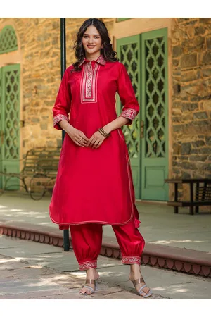 SCAKHI Ethnic Motifs Yoke Design Regular Thread Work Straight Kurta with Patiala