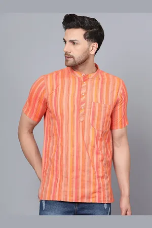 Latest Chikan Garments Striped Band Collar Pure Cotton Short Kurta