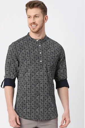 VALEN CLUB Geometric Printed Band Collar Roll Up Sleeves Cotton A-Line Kurta